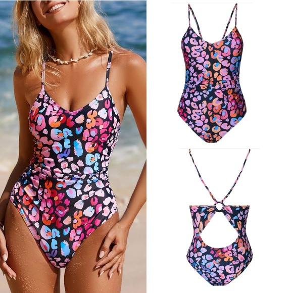 NWT Multicolored Leopard Print O-Ring One Piece Swimsuit M - Picture 3 of 17